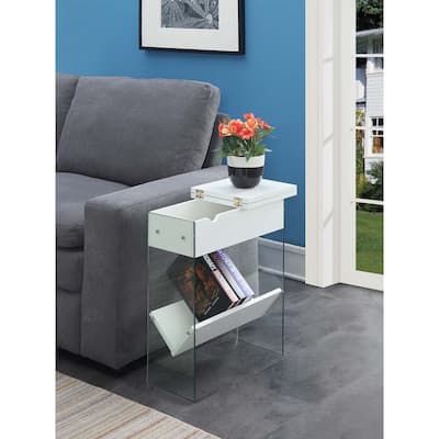 Rustic Industrial End Table with Flip Top, Decorative Metal Accents, Two Tier Storage Shelves and Glass Sides - 23.75
