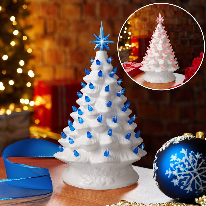15in White Ceramic Christmas Tree Hand Painted PreLit with Star