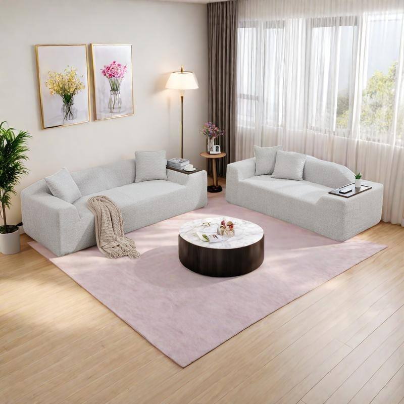 5-Seat Boucle Cloud Sofa Set (3-Seater + 2-Seater) with End Tables & 4 Pillows - Light Gray