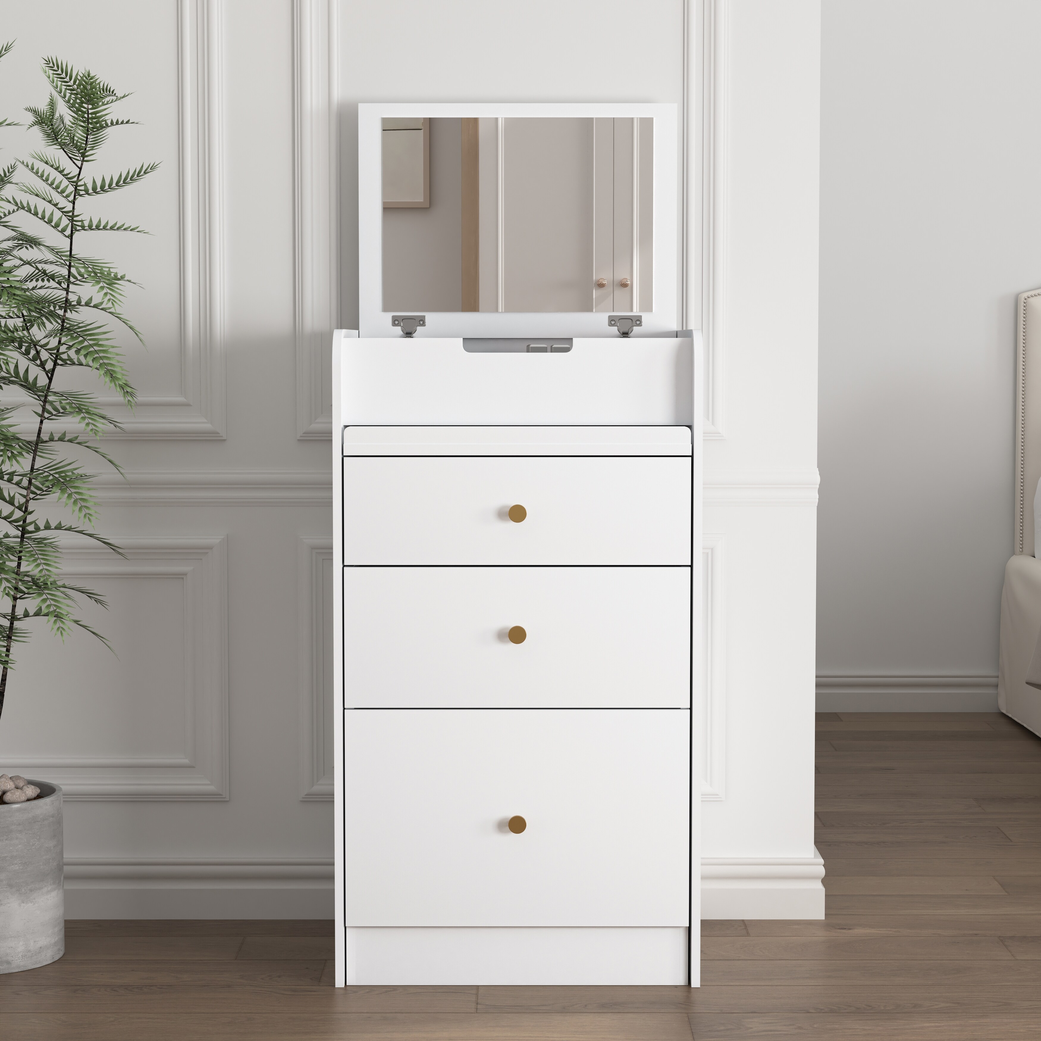 Small Dresser with Mirror White Vanity Set Makeup Table with Chair Drawers Mini Space Saving Cute Dresser White