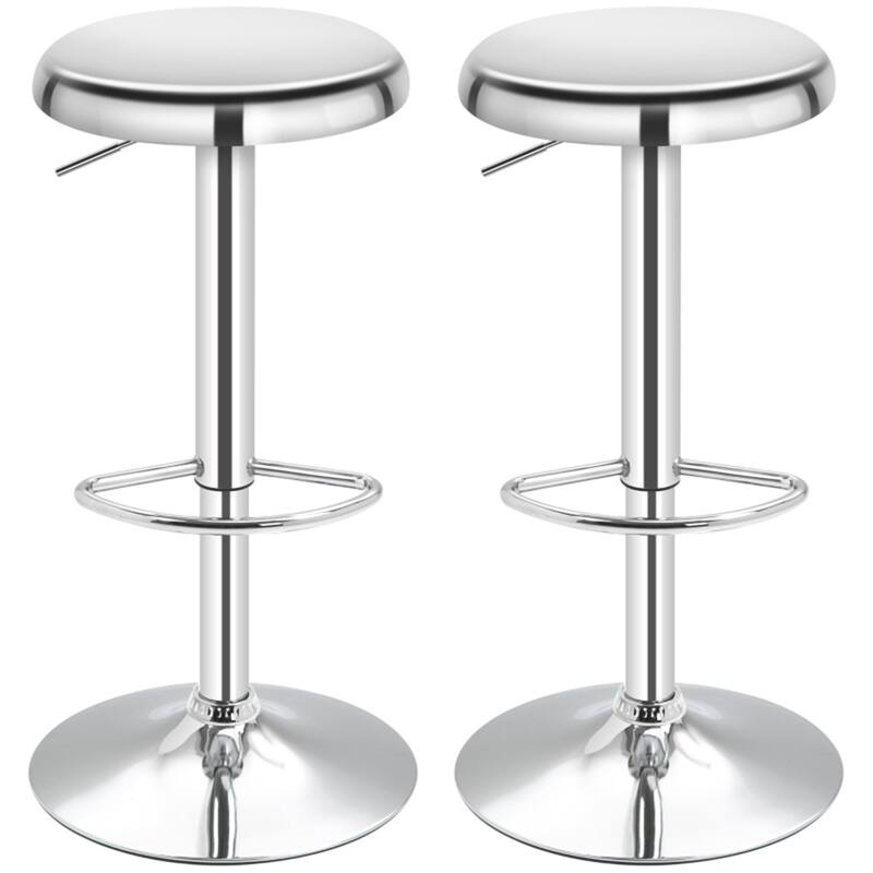 Set of 2 Adjustable Height Silver Steel Bar Stools with Swivel and Footrest for Kitchen - 15.25" W x 15.25" D x 24.5-32.75" H
