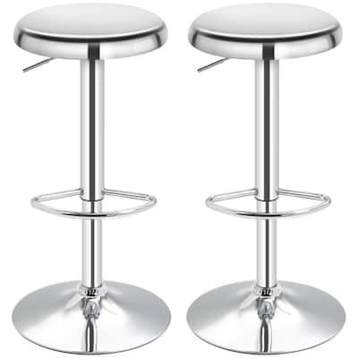 Set of 2 Adjustable Height Silver Steel Bar Stools with Swivel and Footrest for Kitchen - 15.25" W x 15.25" D x 24.5-32.75" H
