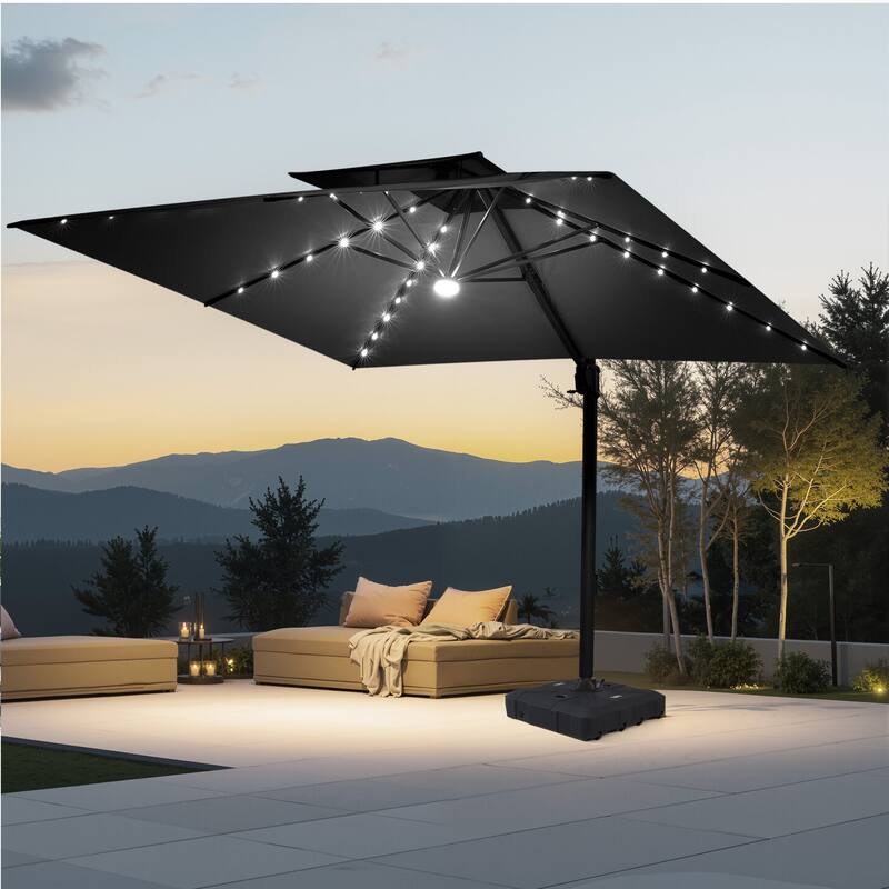 VredHom 11X11 FT Outdoor Square Cantilever Patio Aluminum Umbrella Solar LED Light with Wheel Base - Black
