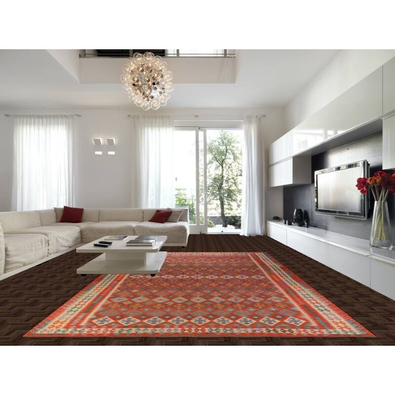 Orange Geometric Kilim Oriental Large Rug Flatweave Wool Carpet - 10'1" x 16'3"