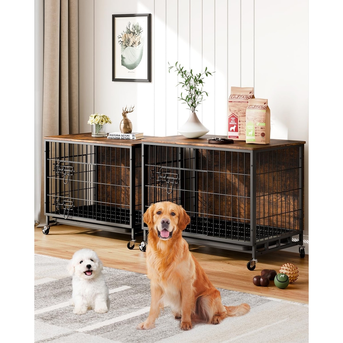 Brown Dog Crate Furniture Wooden Dog Kennel with Removable Tray and Wheels Large