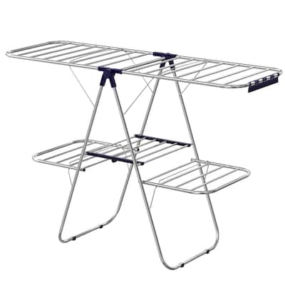 Foldable 2-Level Laundry Drying Rack with Height-Adjustable Wings