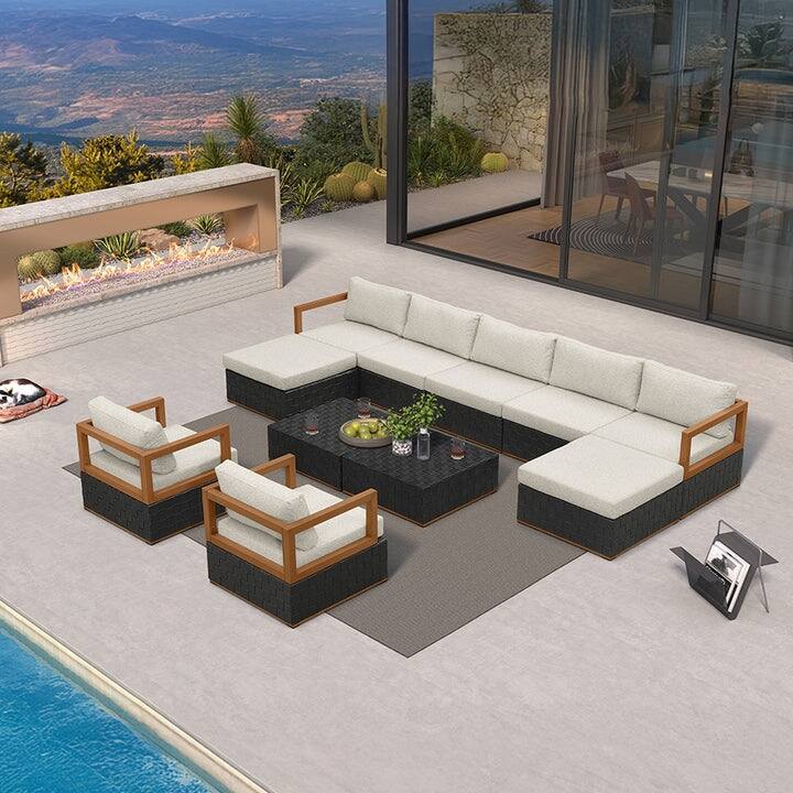 PURPLE LEAF GLFSF Enclosed Black sofa with white seat Outdoor Couch for Yard Porch Deck Patio Conversation Sets - 7seats+2 Ottomans+2Tables - Enclosed