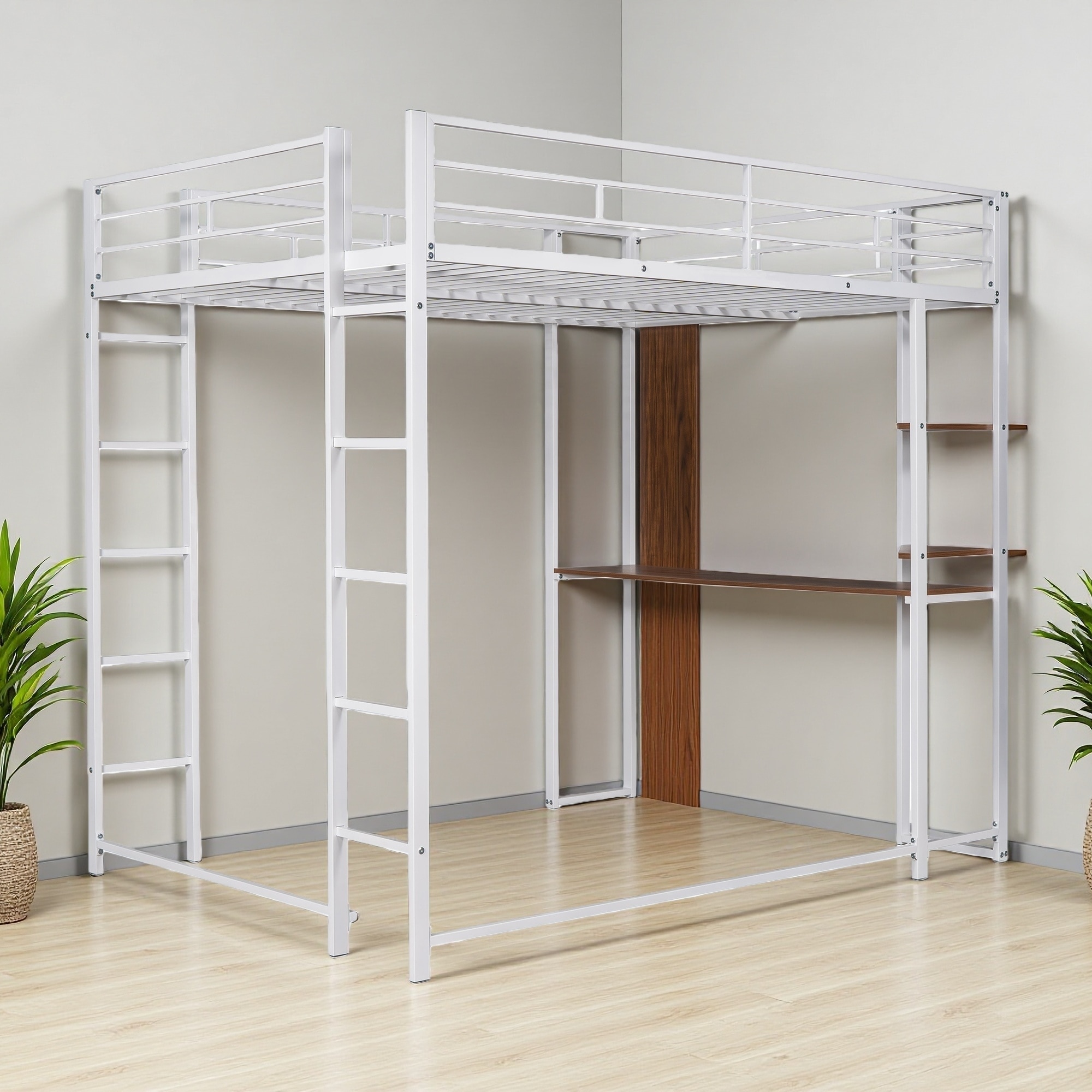 Full Size Metal Loft Bed with Desk and 2 Storage Shelves