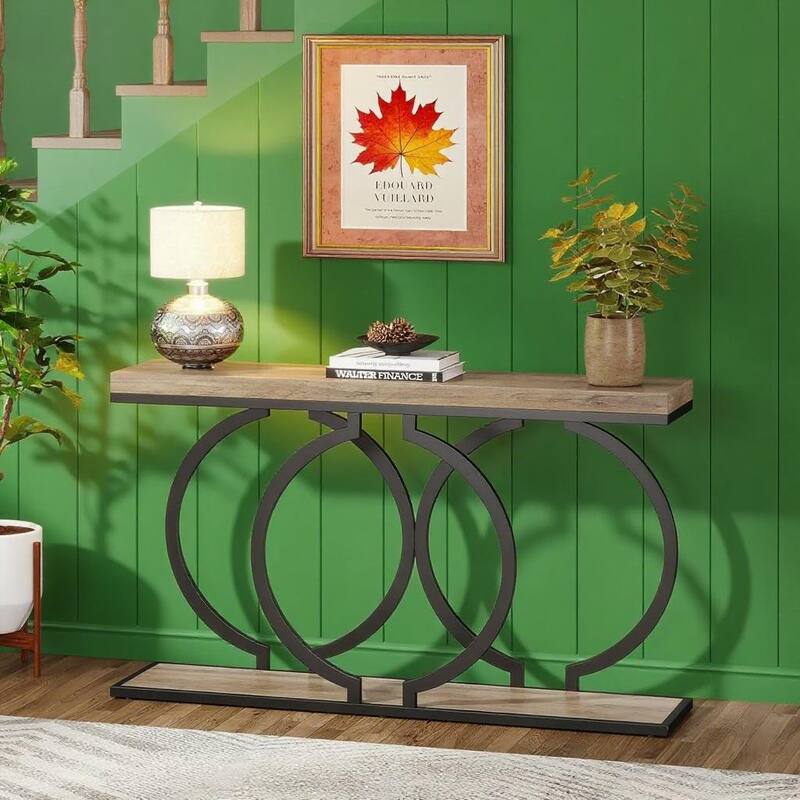 55.1" Industrial Rustic Console Table MDF Top with Black Geometric Metal Frame - 55.11" x 11.81" x 27.55"