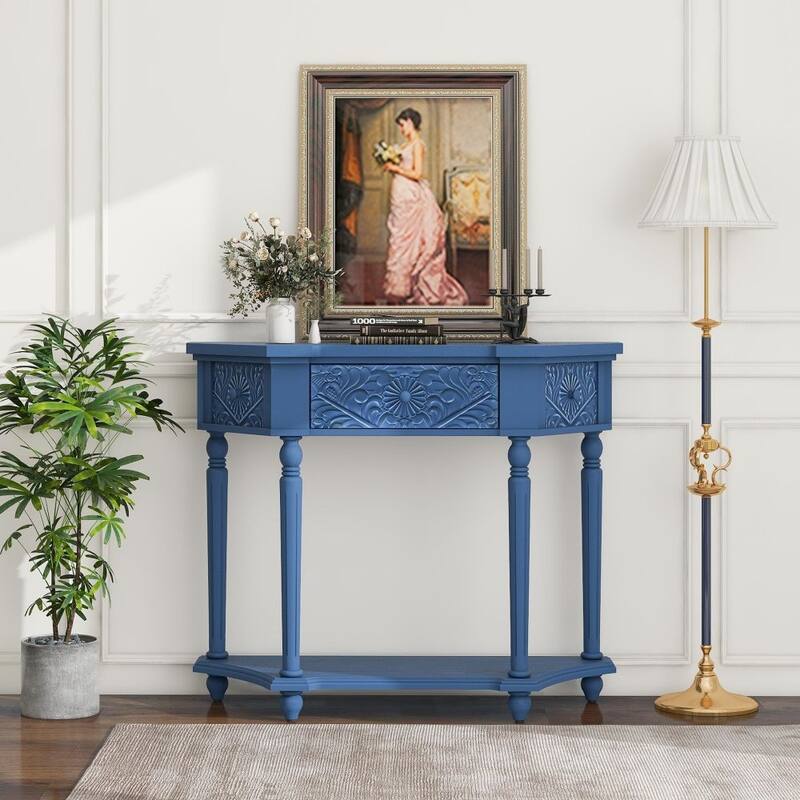 1 Drawer End Table,Side Table,Elegant Carved 1 Drawer End Table - Navy Blue