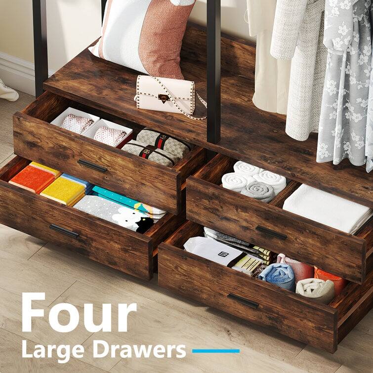 Freestanding Open Wardrobe Closet, Heavy Duty Garment Rack Closet Organizer, Rustic Brown