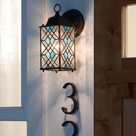 River of Goods Blue Stained Glass and Black Satin 1-Light Outdoor Lantern Wall Sconce - 4" x 6" x 10.25"