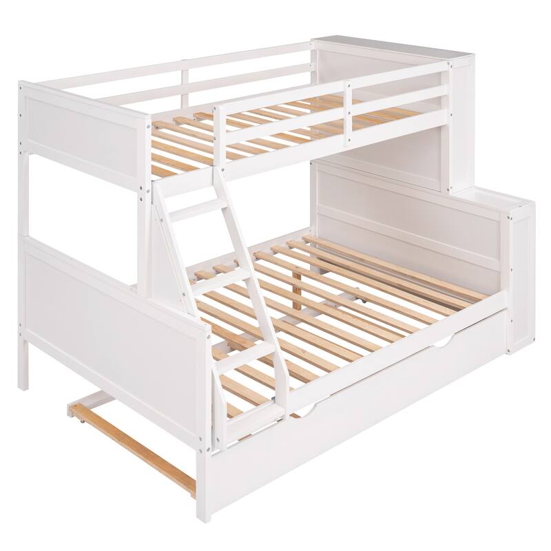 White Pine Wood Twin over Full Bunk Bed with Trundle, 12 Shelves Bed