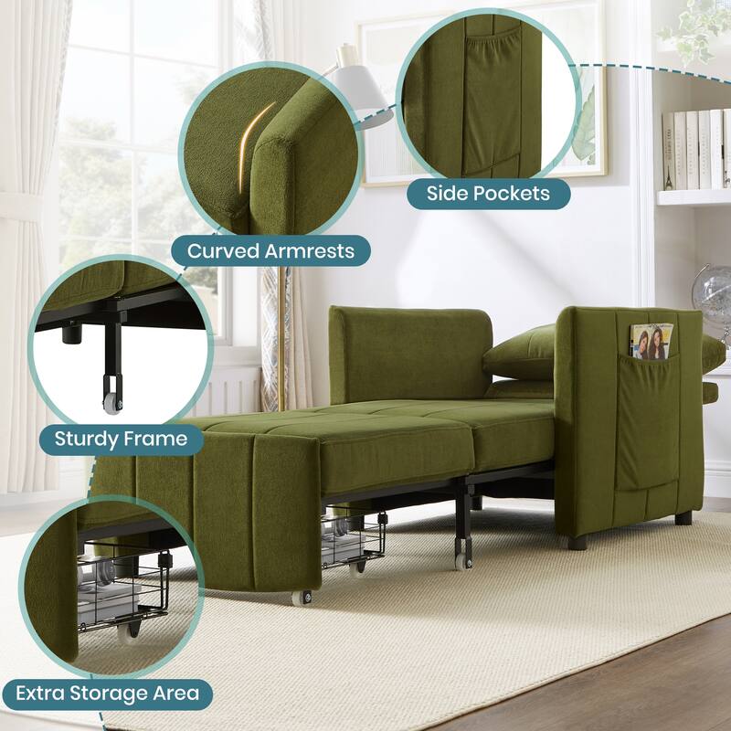 Anmytek Green Convertible Sleeper Sofa 31.5 Inch Pull Out Sofa Bed with 5-Position Adjustable Backrest Side Pockets