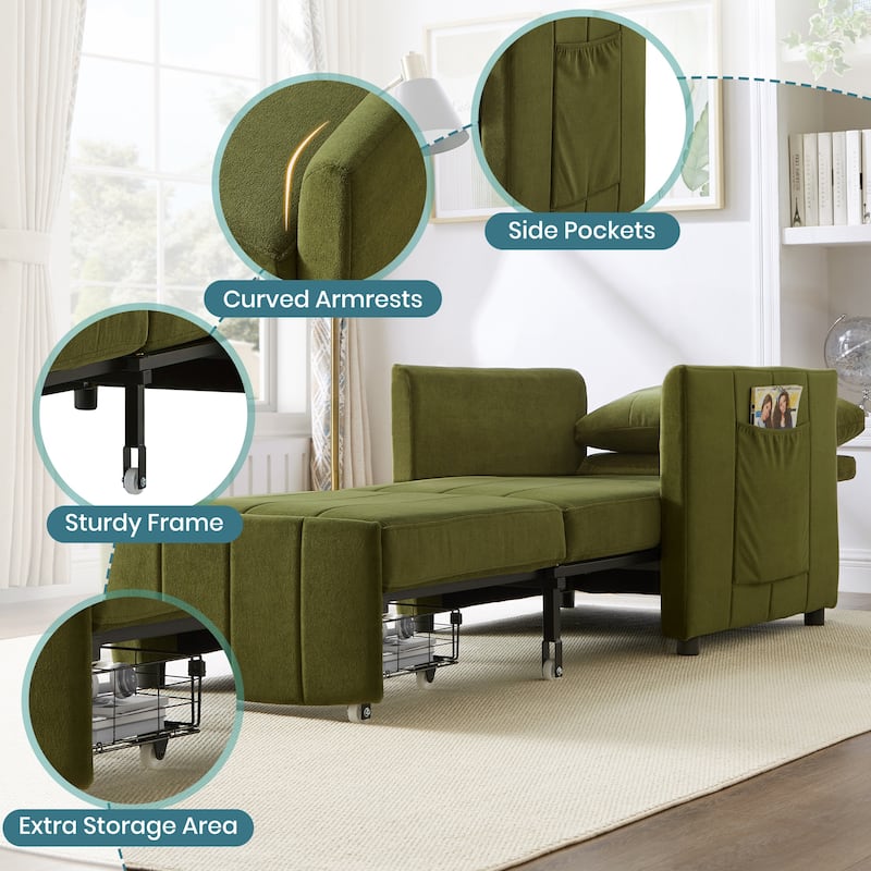 Roomfitters Convertible Sleeper Sofa with Pull-Out Bed 5-Position Adjustable Backrest Side Pockets & Storage Basket