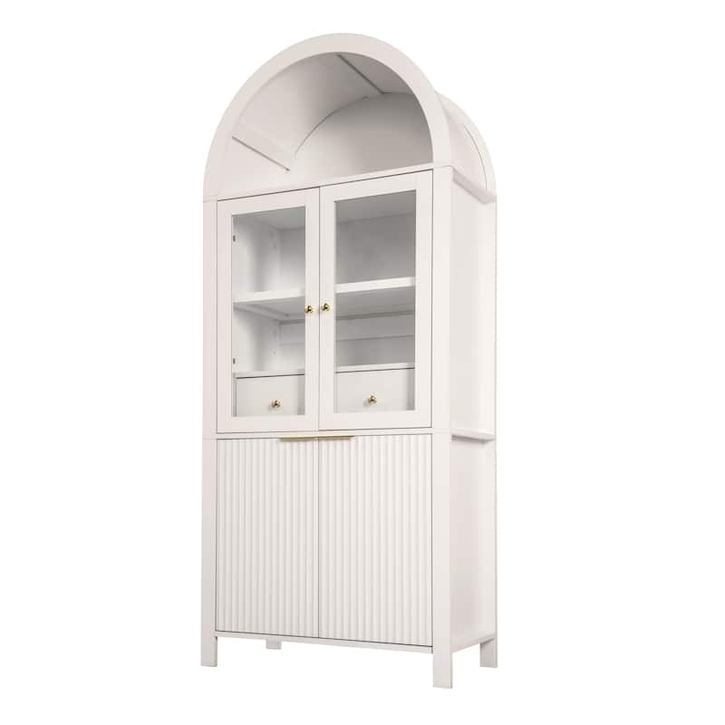 71" Fluted Tall Pantry Cabinet with Arched Glass Door, Hidden Drawer, Wood Display Storage Cabinet with Adjustable Shelves