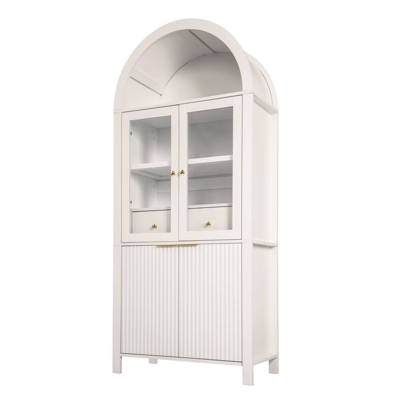 Roomfitters 71" Tall Arched Pantry Cabinet with Fluted Glass Doors & Hidden Drawer, 4-Door Display Cupboard