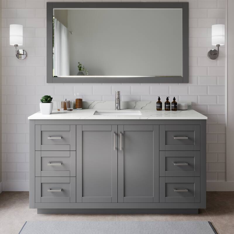 Wyndham Collection WCF292966S-QTZ-UNSM58 Miranda 66" Free Standing - Dark Gray / Giotto Quartz Top / Brushed Nickel