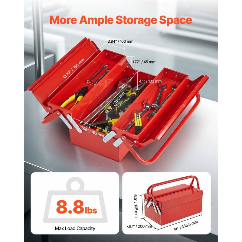 Red 14 Inch Flip Top 2 Tray Folding Cantilever Toolbox with Comfortable Dual Handles - 14 x 7.87 x 6.5 in