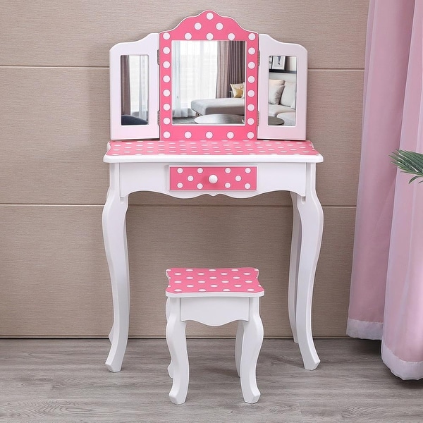 Kids Vanity Table and Stool Set with 3 Mirrors Pretend Play