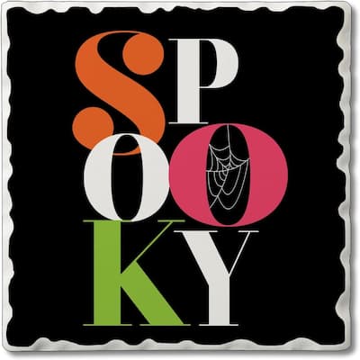 Spooky 4 Pack Single Absorbent Stone Coaster with Protective Cork Backing Made in The USA 4" Square, Colorful, Wipes Clean
