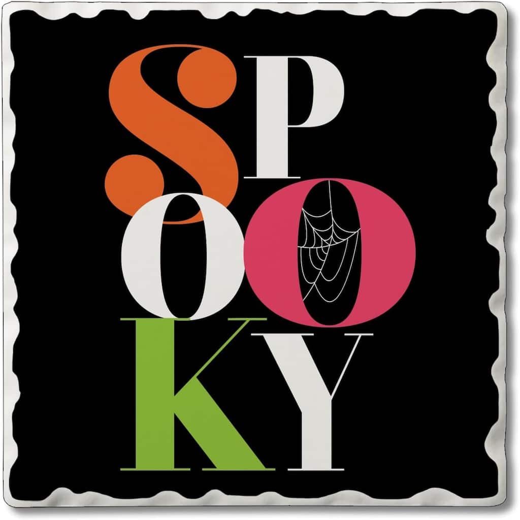 Spooky 4 Pack Single Absorbent Stone Coaster with Protective Cork Backing Made in The USA 4" Square, Colorful, Wipes Clean