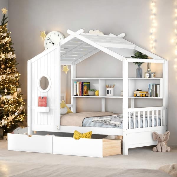slide 2 of 18, Full Size Wooden House Bed Kids Bed with 2 Drawers and Storage Shelf White