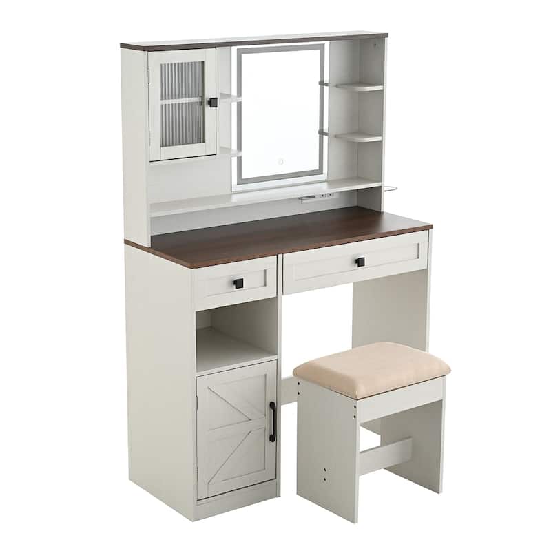 Rustic Makeup Vanity Desk with 3 Color Adjustable Touch Control Mirror, Built-in Power Outlets Dressing Table Set with Stool