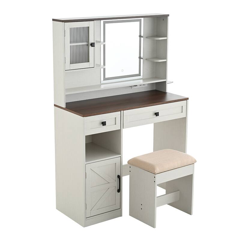 Vanity Desk with Touch Control Light Mirror, Dressing Table Set with Charging Station & Stool, Large Makeup Vanity Table