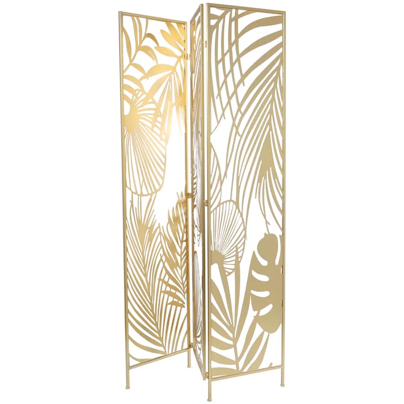 Metal Foldable Partition Cutout Palm Leaf 3 Panel Room Divider Screen - Gold - Roche River Decor - 1"Wx48"Lx71"H