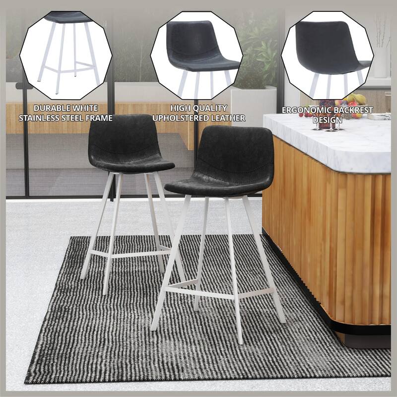 Elland Leather Bar Stool - Modern Counter Height Stool with White Stainless Steel Legs for Kitchen Island or Home Bar Set of 2