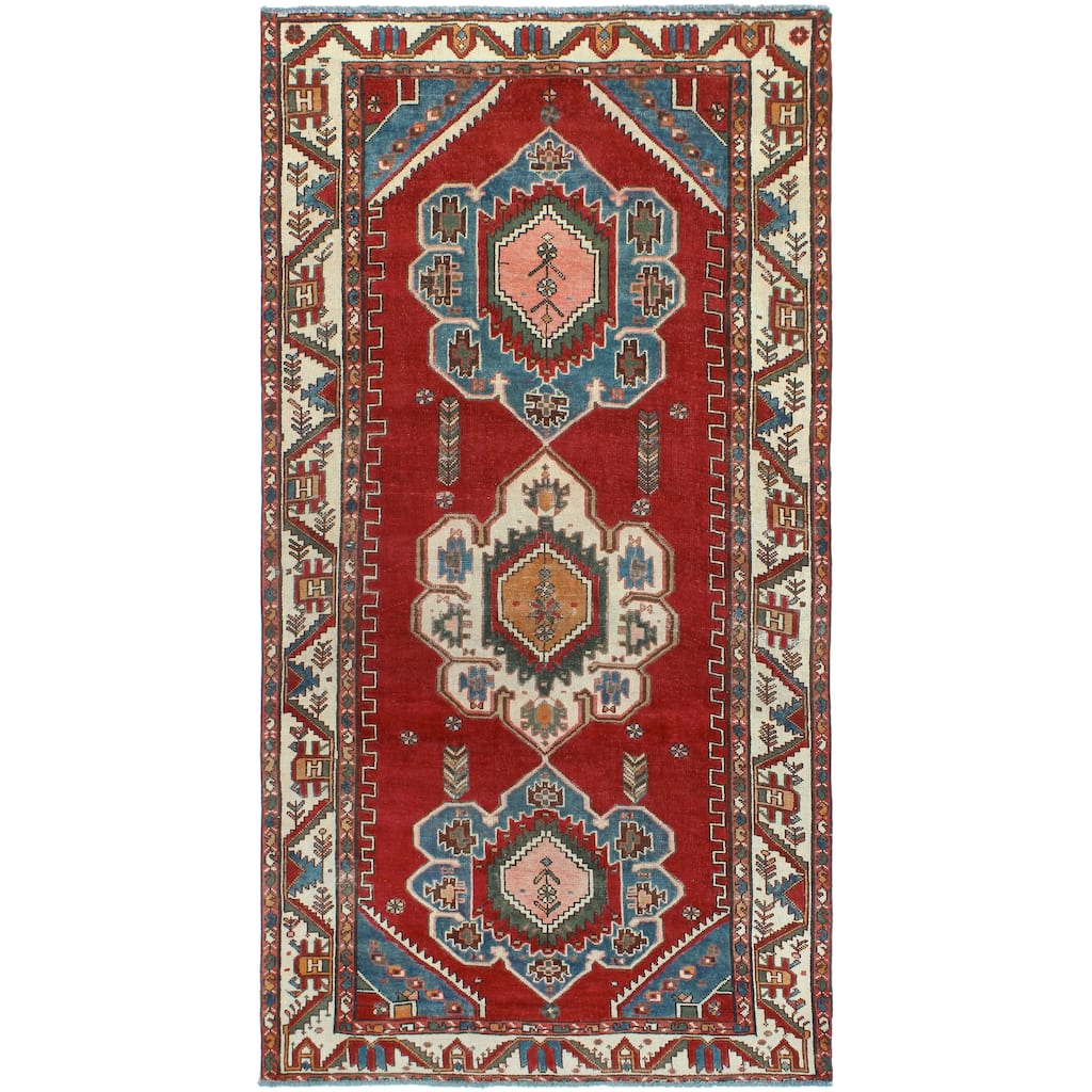 Vintage Distressed Kedar Red/Ivory Runner - 5'1" x 9'7"