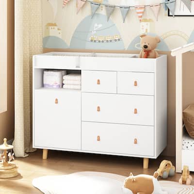 White Nursery Storage Dresser Chest with Changing Table Top,5 Drawers
