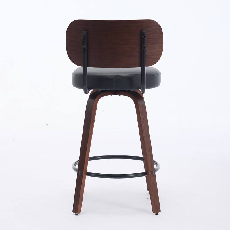 360° Swivel Bar Stools Set of 2 Faux Leather Counter Height Barstools with Walnut Back, Bentwood Legs and Metal Footrest