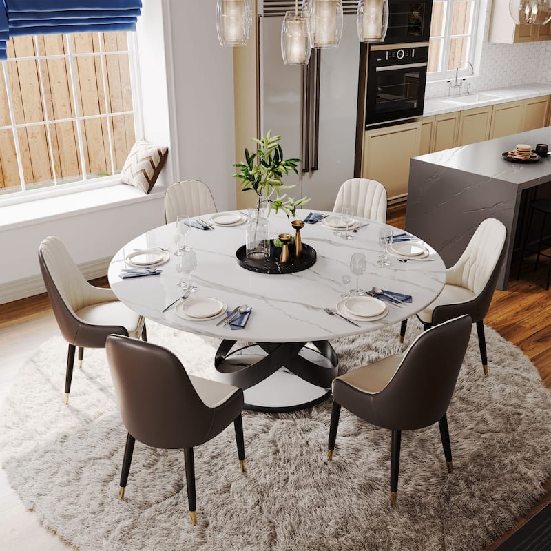Modern Round White Glossy Dining Table with Sintered Stone Tabletop and Black X Carbon Steel Base