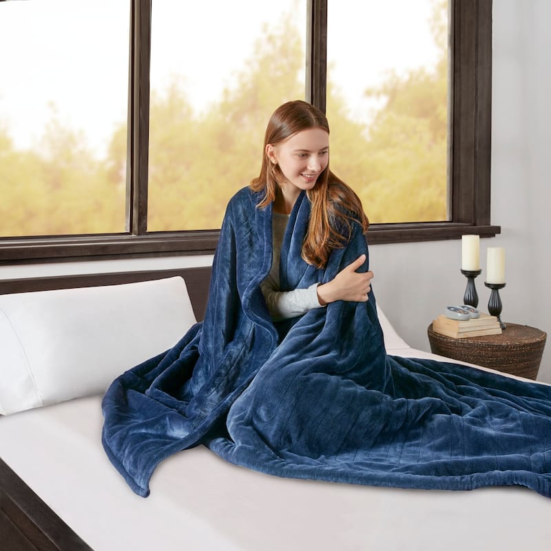 Beautyrest Solid Microlight to Berber Heated Blanket - Twin - Indigo