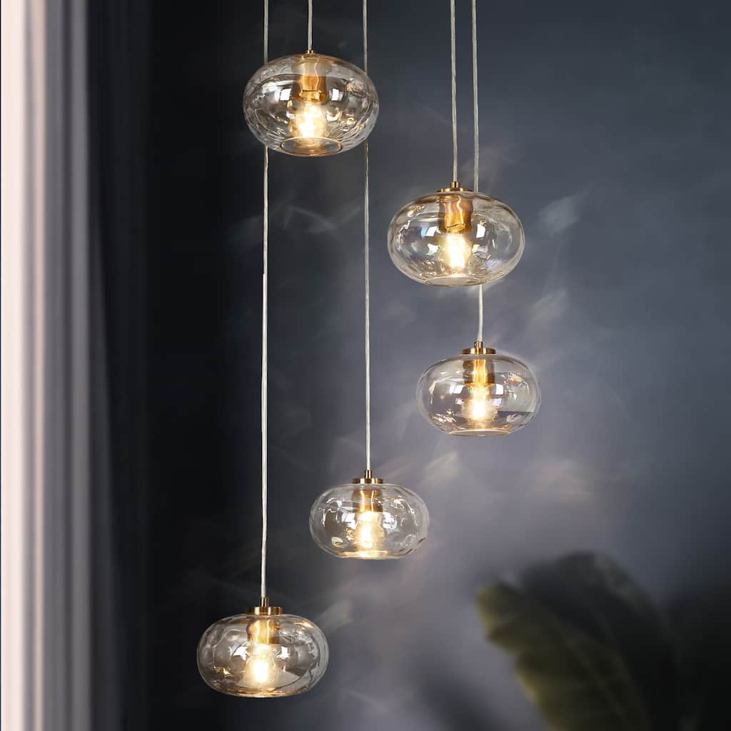 Modern 5-Light Gold Cluster Chandelier Colored Glass Island Pendant for Dining Room - D24" x H66" Max