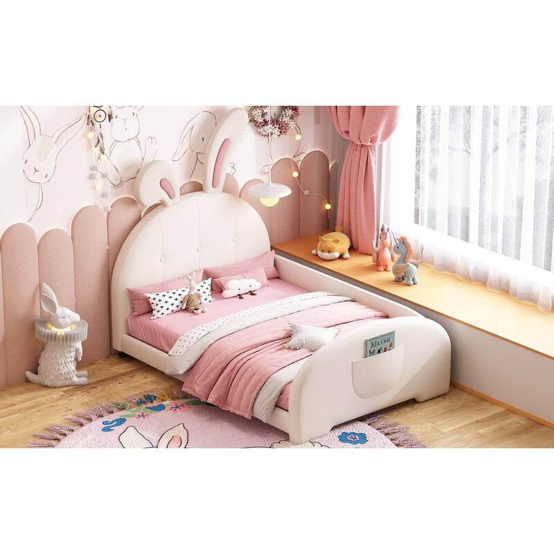 Twin size Upholstered Rabbit-Shape Princess Bed ,Twin Size Platform Bed with Headboard and Footboard