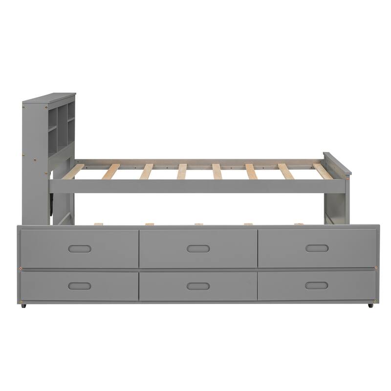 Twin Size Platform Bed with Storage Headboard, USB, Trundle, and 3 Drawers in Gray