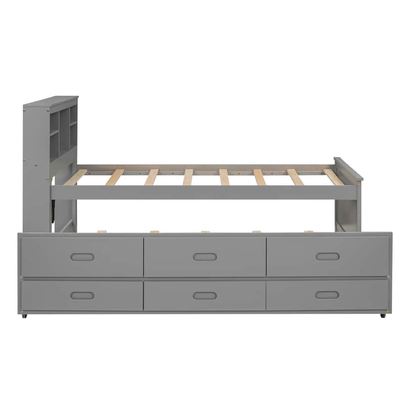 Twin Size Solid Wood Platform Bed with Storage Headboard, USB and 3 Drawers, Pull-out Trundle Bed and Daybed for Bedroom
