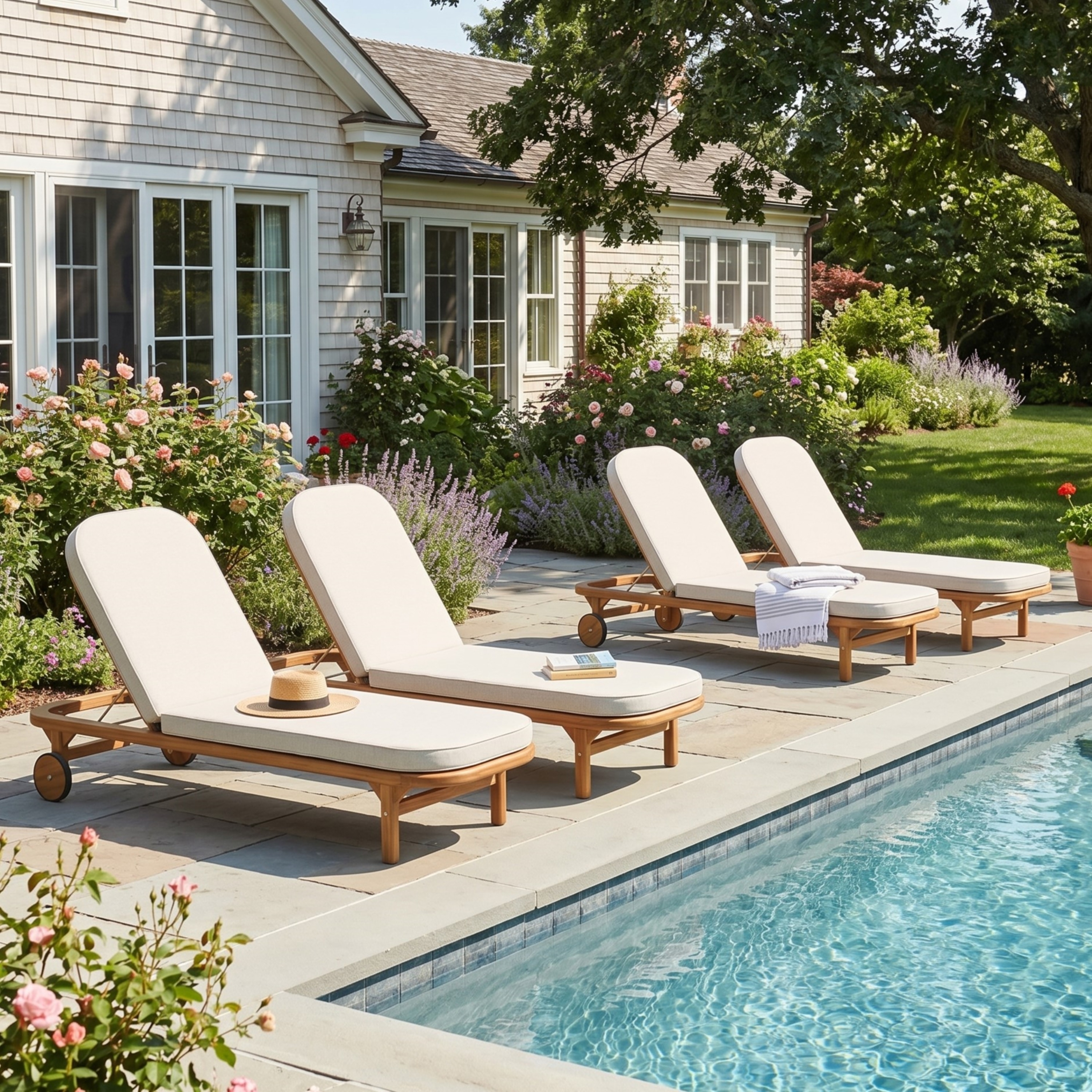 Christopher Knight Home - Serene Set of 4 Outdoor Chaise Lounge Acacia Wood Frame, Adjustable Backrest and Olefin Cushion
