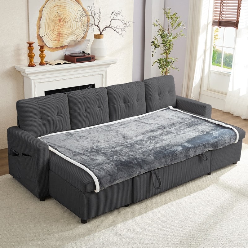W103" Corduroy 4-Seater Modular Sleeper Sofa Bed with Storage Chaise,U-shaped Sofa with Pull-out Bed