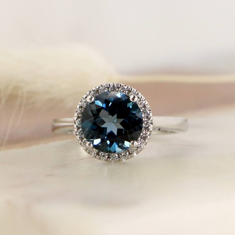 Auriya 2 1/2ct Round London Blue Topaz and Halo Diamond Engagement Ring 1/4ctw 14k Gold
