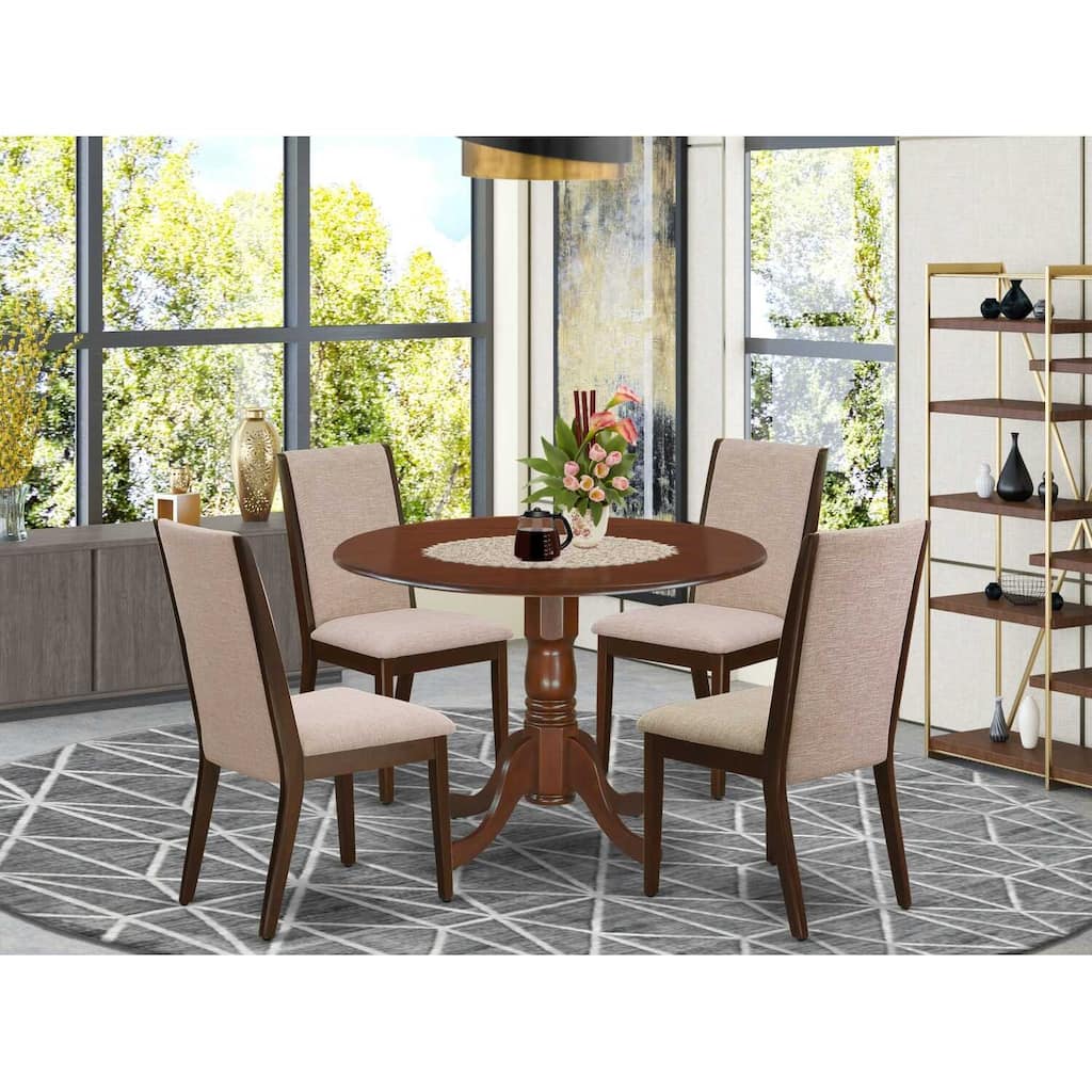 HomeStock 5-Piece Round Mahogany Finish Solid Wood Top Dining table with 4 Chairs with Lattice Back