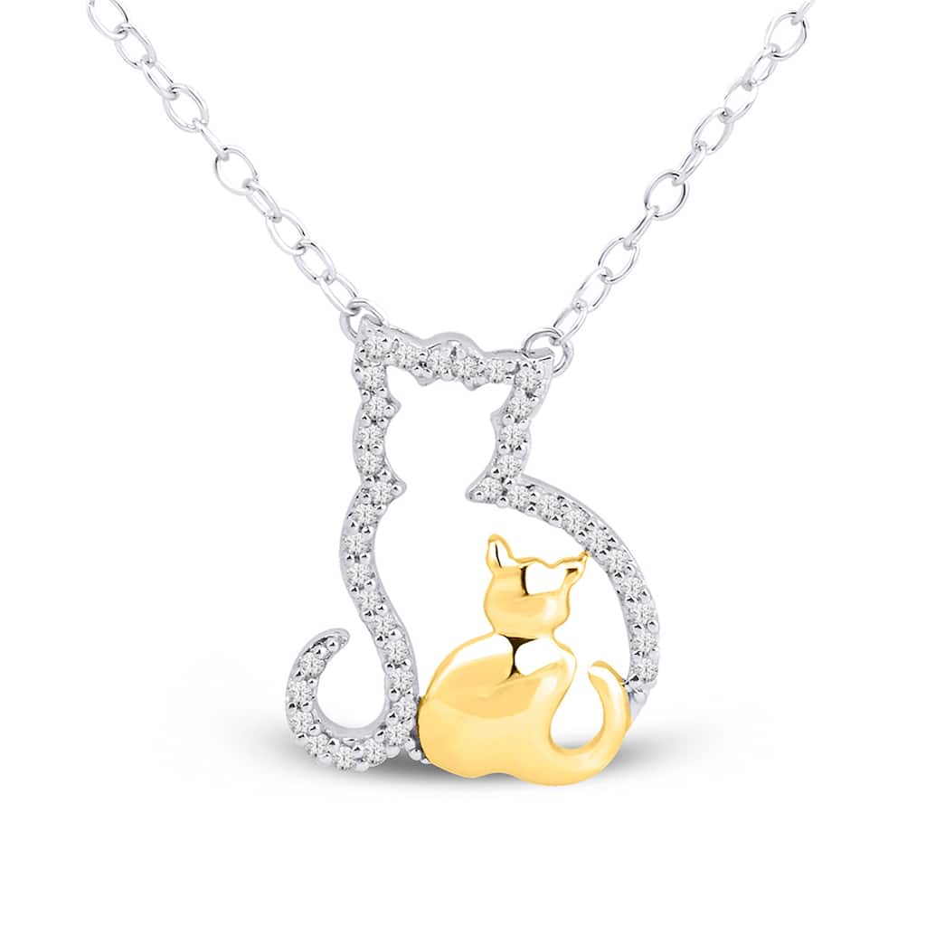 1/10ct TDW Diamond Two Tone Cat Pendant Necklace in Silver for Women
