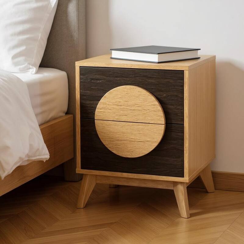 HomeRoots 21" Oak And Dark Brown Solid Wood Square Two Drawer Nightstand - Oak - 2-drawer