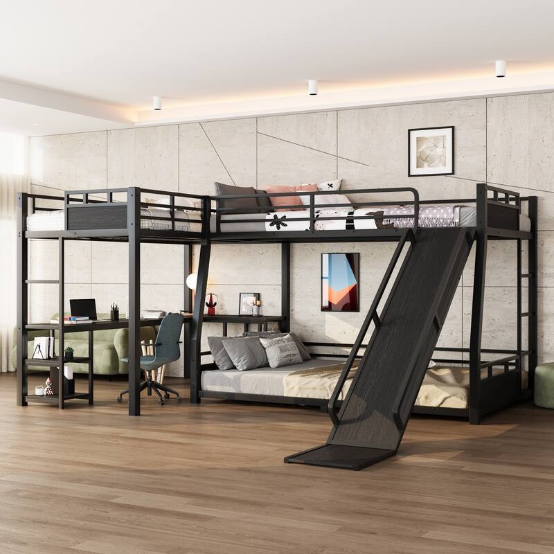 L-Shaped Metal Bunk Bed and Loft Bed with Desk, Storage Shelves and Slide