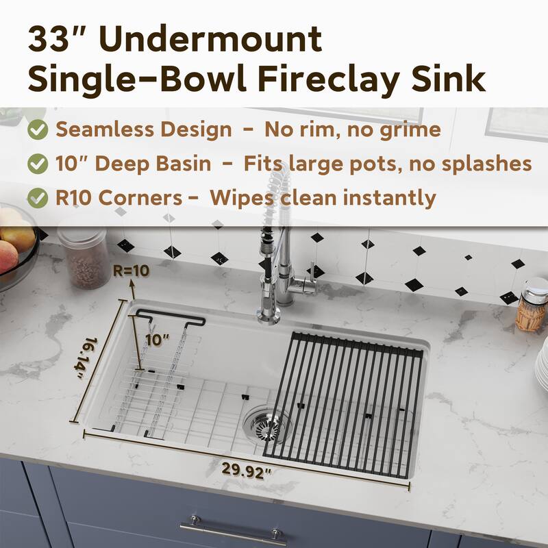 33 in. Undermount Single Bowl Fireclay Workstation Kitchen Sink with Drying Rack & Cutting Board - Includes Accessories