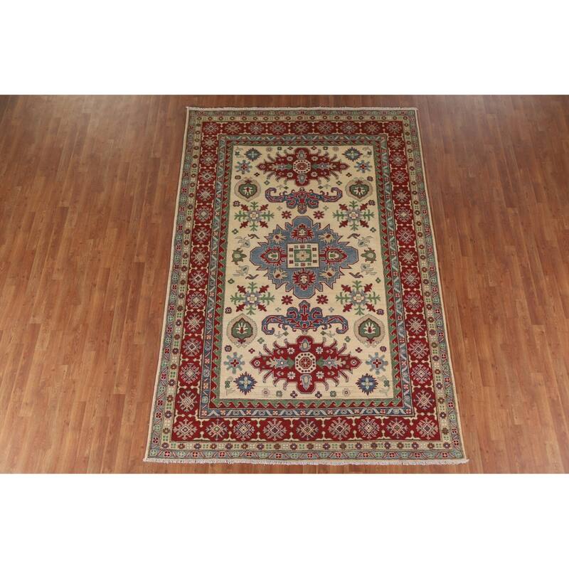 Hand Knotted Oriental 100% Wool Carpet Traditional Geometric Beige & Ivories Kazak Area Rug - 9' 9'' X 6' 7''