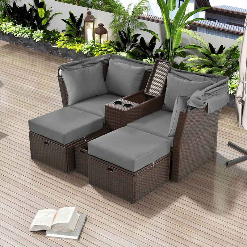 Outdoor Convertible Daybed Loveseat Sofa Set with Canopy & Console - Grey